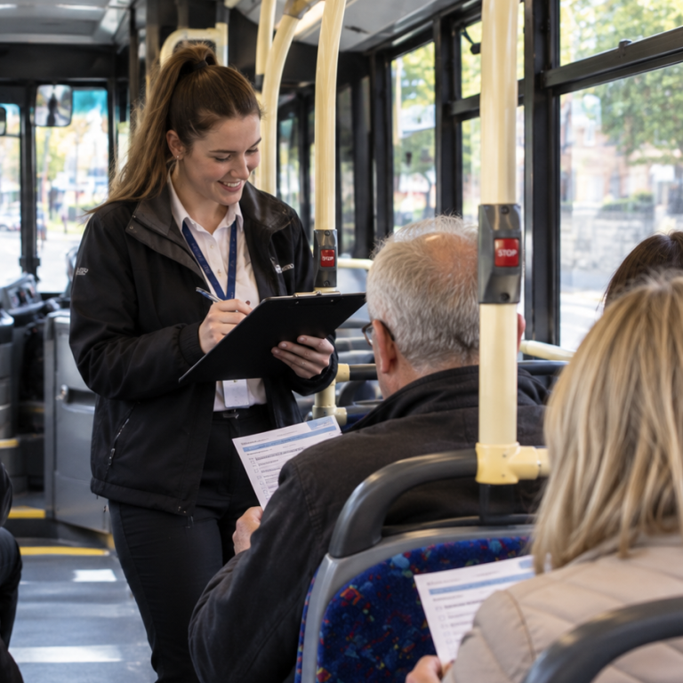 Passengers taking part in an onboard bus survey