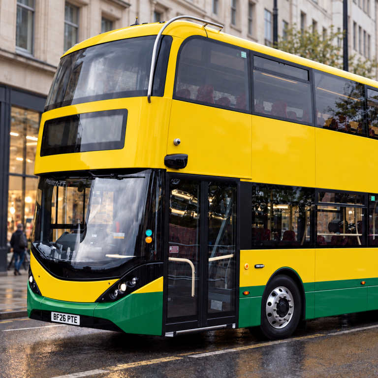 Yellow double-deck bus in a city centre