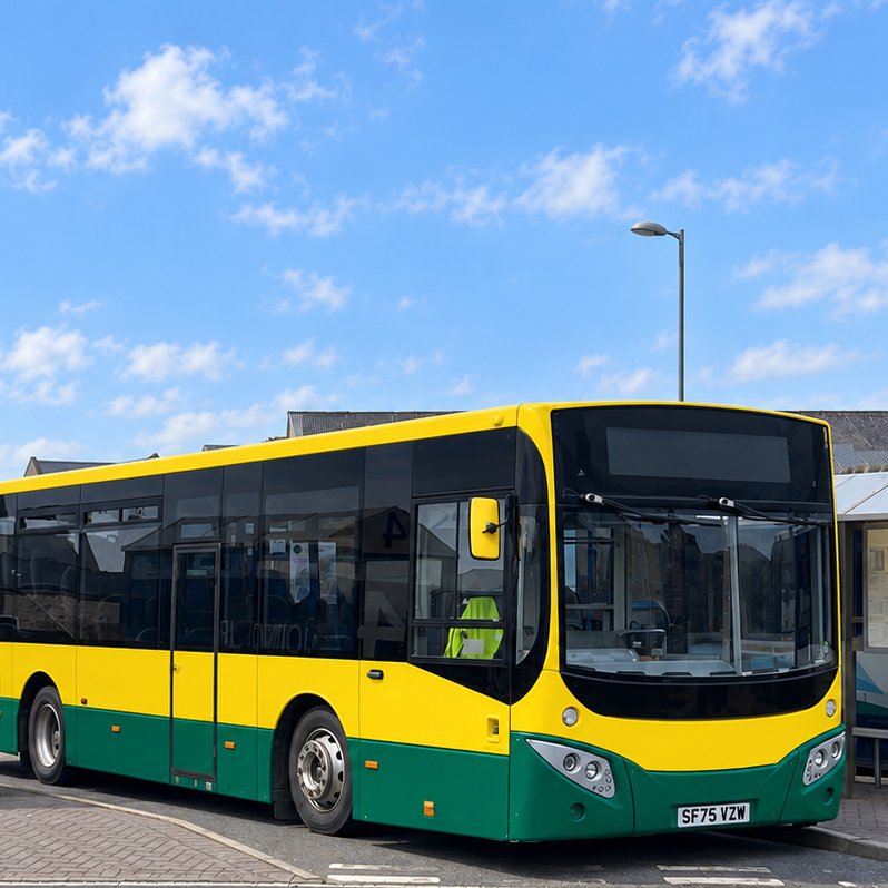 Single-deck bus parked at a depot