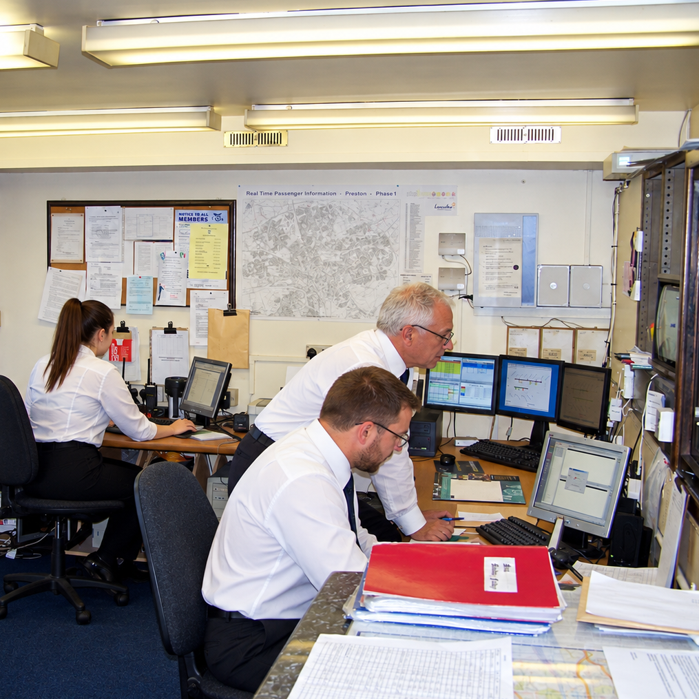 Museum House Consulting - Public Transport Consultants; Busy depot control room Museum House Consulting - Public Transport Consultants; Busy depot control room